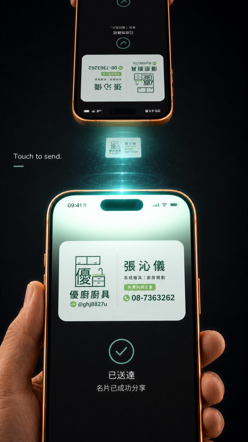 Two iPhones held together. The card leaves the upper phone by AirDrop and arrives on the lower one, which shows a delivered tick.